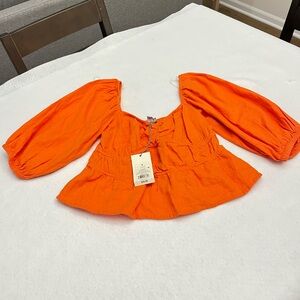 A New Day Vibrant Orange Gathered Top Linen size S